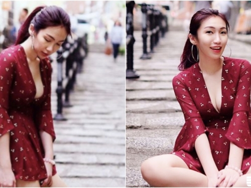「白嫩奶妹」大街上彎腰！低頭一秒「深Ｖ爆奶」！側邊圓球好像要跑出來啦！