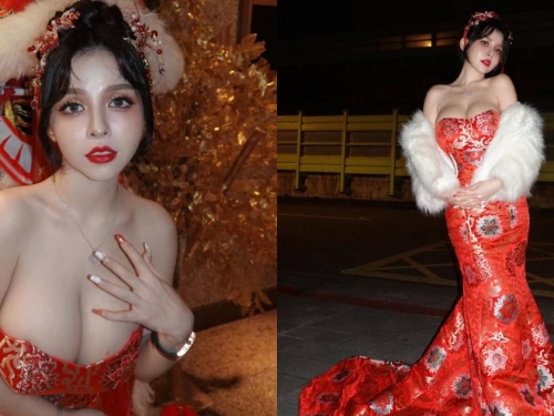 尾牙會場驚見「貴氣巨乳辣妹」！香菱爆乳洋裝好喜慶，感覺能抽到超大包！
