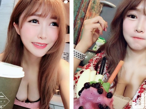 愛笑的吃貨正妹「艾薇兒」電力十足勾人大眼，放在胸前的的食物我只看到旁邊那「海溝」