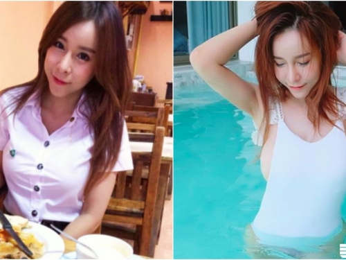 「爆乳學生妹」餐廳吃飯！制服緊繃到扣子炸開！泳裝「霸氣側乳外露」好巨大！