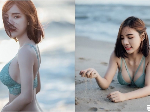 白皙「美乳正妹」沙灘散步，只穿內衣「乳量驚人」，海浪都沒她波濤洶湧...