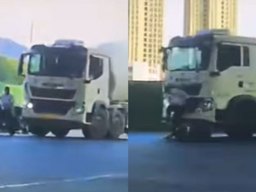 水泥車右轉擦撞機車！ 男「使出草上飛」驚險躲死劫