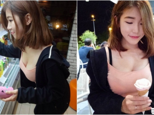 深夜超商「爆乳背心妹」！低頭挑飲料吃冰「渾圓形狀」遮不住啊！