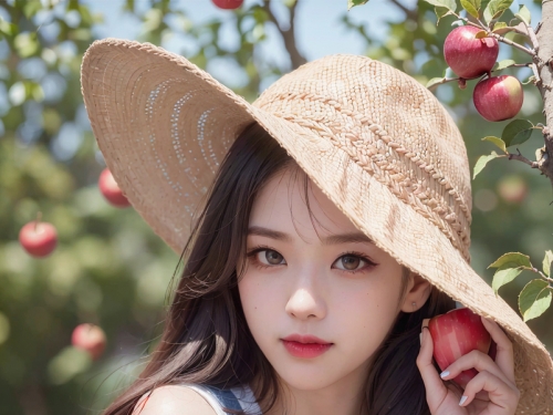 AI生成美女~蘋果園的草帽吊帶褲女孩