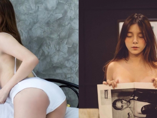 用雜誌遮住豪放碗公奶！「巨乳正妹」輕拉比基尼挑逗，都快被看到了啊！