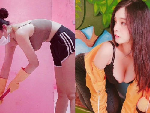 巨乳清潔工「郭鬼鬼Angela」一彎腰就呼之欲出　鬼式清潔生意一定好