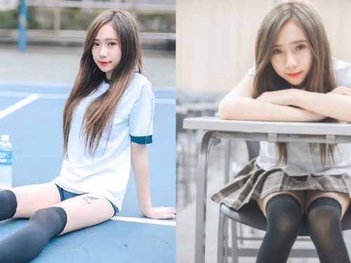 甜美學妹「陳之心」趴桌畫面惹人愛，裙底春光若隱若現太養眼