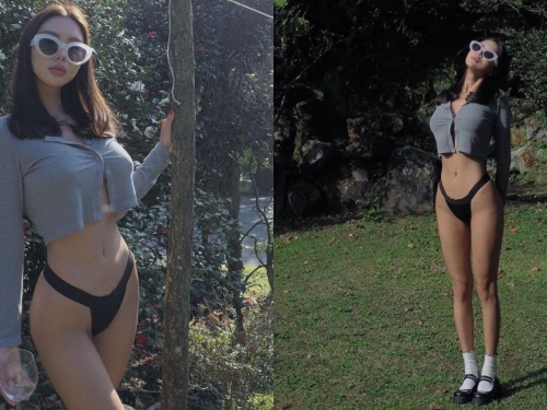 超有質感的「美乳長腿正妹」！花園裡只穿底褲秀「蠻腰翹臀」曲線有夠火辣！