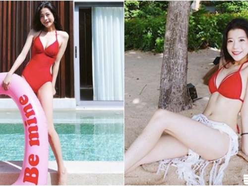清新甜美台灣正妹Alice，「紅色比基尼」火辣度假，白皙長腿好誘人啊～