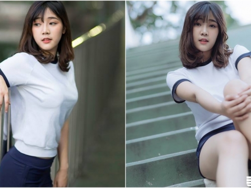 清純「美乳學生妹」！體育短褲完美包覆「渾圓翹臀」！白皙長腿也好優質啊！