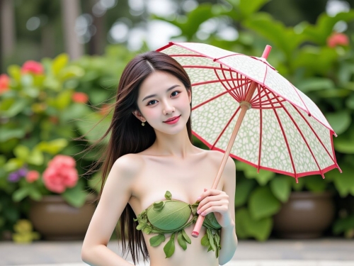 A bikini made by a girl wearing leaves and flowers