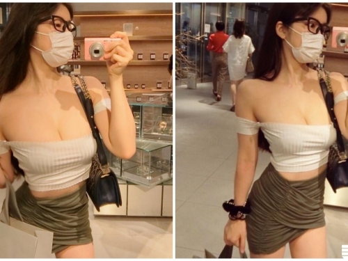 百貨商場驚見「爆乳口罩妹」，超低胸視角火辣自拍，巨大H奶要掉出了！