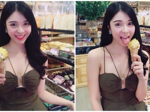 越南萌系正妹甜吃冰淇淋，微露乳溝超性感，看了也好想吃一口啊！