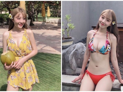 人生第一次比基尼！正妹展現「豐滿事業線」，大小不輸給椰子啊！