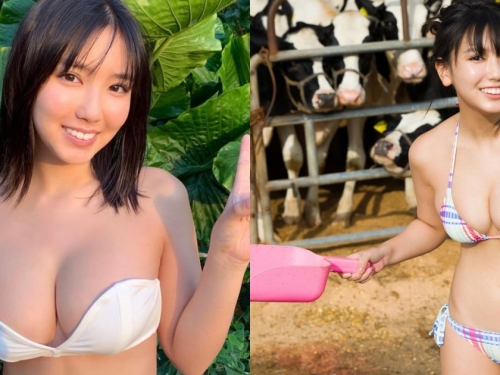 「童顏巨乳學生妹」跑鄉下玩耍穿比基尼餵牛，18歲「完熟歐派」自然又飽滿！