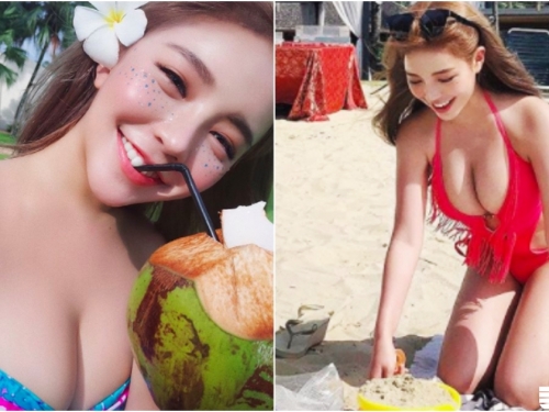 好狂！「巨乳椰奶妹」海邊玩沙太吸睛！「渾圓美乳」快比臉大了啦！
