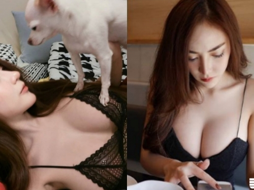 連狗狗也想ㄘ！正妹「超白嫩大奶」好柔軟，連狗狗也受不了要衝動啦！