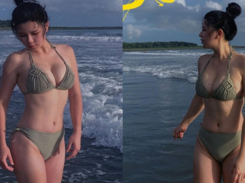 「健美正妹」漁光島踏浪，「波濤猛乳」一抬頭還撞臉性感女神