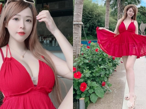 超辣紅洋裝！「白皙巨乳正妹」度假酒店披戰袍，「豐滿弧度」讓人快要窒息啦！