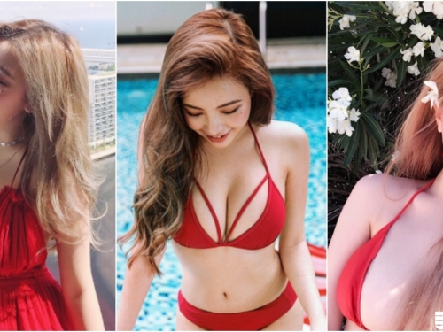 尺寸太大「衣服包不住」！正妹紅色比基尼秀「渾圓美乳」！畫面好白嫩啊～