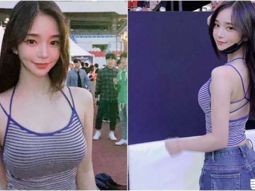 音樂節上「大奶甜美妹」出沒！清涼背心展現「雪白美背」！後面路人看到不眨眼！