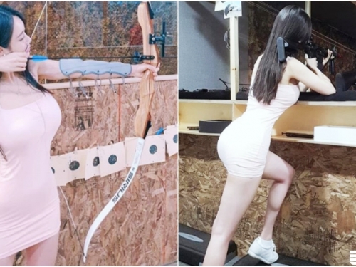 神射手4ni？長髮正妹射擊場「爆乳打槍」！超緊身短裙讓人想「正中紅心」！