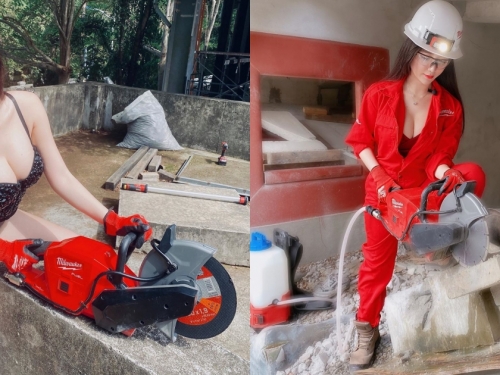 超兇工地電鋸妹「樂樂」，低胸爆乳提圓鋸架勢滿分，工作服下「渾圓雪乳」不私藏！
