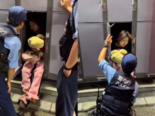 東京街頭奇景！ 女子抱著小熊維尼睡在置物櫃