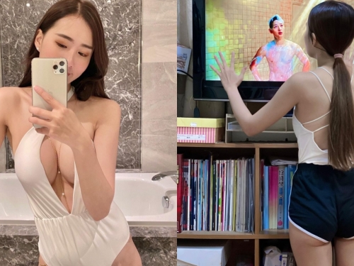 「窈窕巨乳妹」在家追劇穿迷你真理褲，露出「雪白微笑線」，正反兩面都有夠辣！