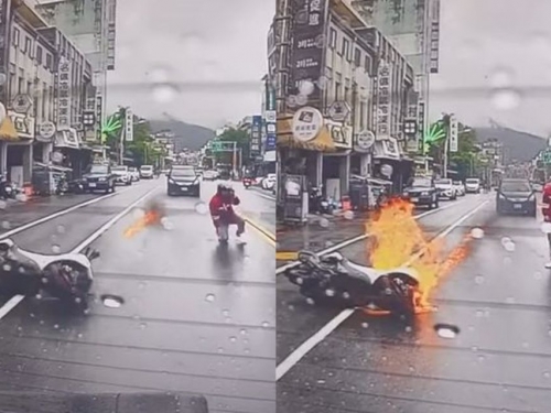 騎士閃車疑急煞自摔「燒出一條火線」 網驚：電影特效是真的