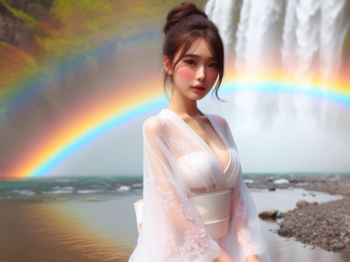 彩虹瀑布下的美女