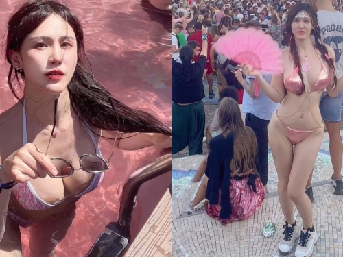 辣台妹「Pei」勇闖比利時音樂節！「白嫩巨乳+粉色比基尼」辣翻路人啦！