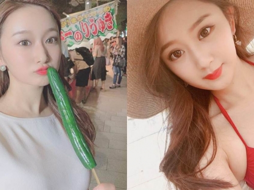 正妹mayumi吃黃瓜「長長一條太誘惑」，隱乳解放「上圍好有料」！