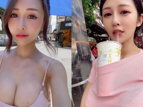 跟太陽一樣辣！巨乳甜心「安希」細肩帶背心撐傘自拍，不用手也能hold住奶茶！