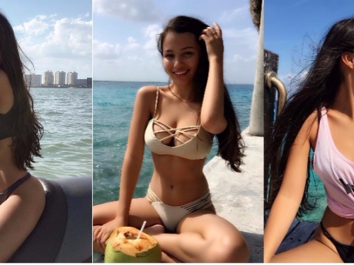 放好開！歐美派「圓乳妹」三點比基尼跨坐摩托車，「春光外洩」不怕人看