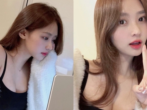 好童顏！用電腦的「迷人深溝正妹」，「飽滿雙乳」太讓人心動！