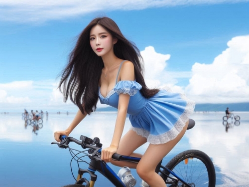 Sister rides a bicycle. She rides on the water.