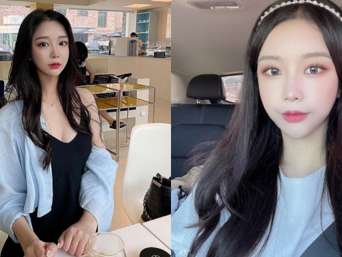 穿深V黑色低胸裝的「咖啡廳正妹」，「香肩外露」有夠誘人！