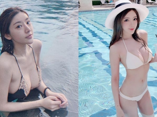 呼之欲出94說這個！「白嫩美胸妹」池邊玩耍長輩放岸上，泳衣帶子快承受不住重量！