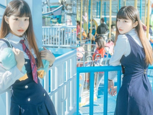 遊樂園捕獲制服少女「梗梗」甜美爆發，「韓式清新感」讓人一眼就暈！