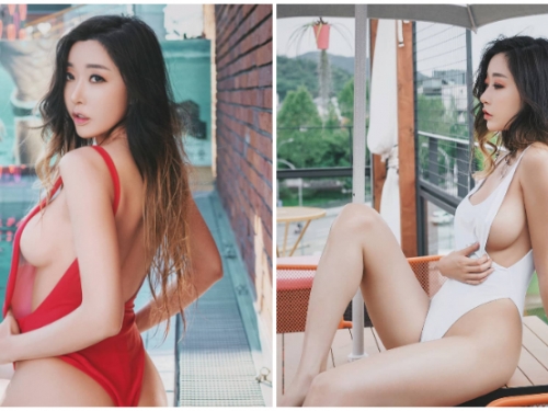 側乳溢出！超惹火「氣質正妹」穿上爆乳史庫水，渾圓飽滿的美乳就快掉出來！