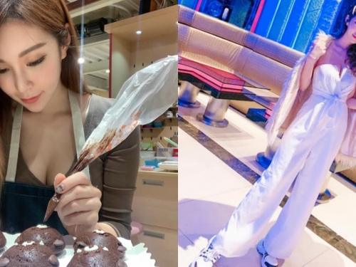 長腿睡美人「蔡雨雨」低頭做蛋糕，雪白美胸若隱若現，跟美腿一樣撩人！