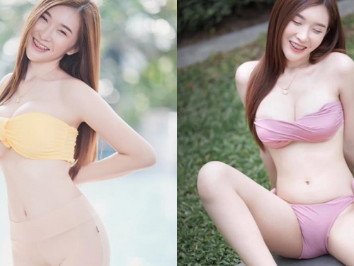 肉色褲褲好猖狂！「白嫩巨奶妹」極限穿衣誘惑 大方爆乳又開腿曬海鮮