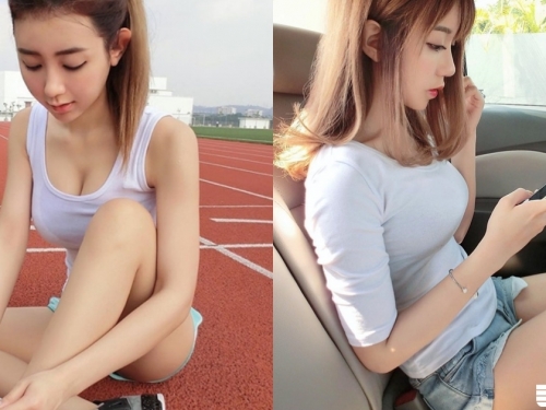最愛「緊身白T」!白皙奶妹「低胸爆乳」綁鞋帶，胸前的部分好緊繃要掉出來啦～