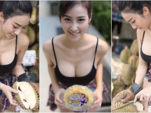 白嫩「大奶正妹」街邊賣榴槤！胸前肉團「比榴槤還大」！果香四溢誰受得了～