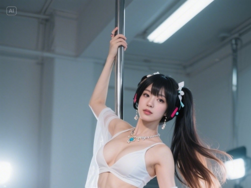 The pole dancing position of the little girl is in place
