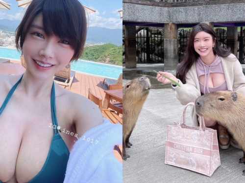 甜美正妹「爆乳餵水豚」！挖空設計「雪白雙球」大方放風，深邃溝溝太驚人！