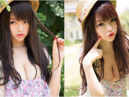 快點看！妹子洋裝滑落「露奶沒自覺」！踏青拍照「白嫩巨乳」兩顆掉出！