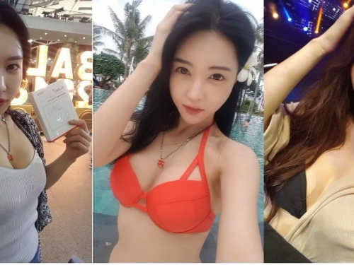 妹子泳裝綁帶緊勒「堅挺渾圓」形狀明顯，「沈重的乳量」快要裝不下啦…