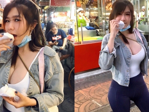 「爆乳正妹」夜市大口吃包子，胸前「超渾圓大肉包」才是真正美味，走過路過不想錯過！
